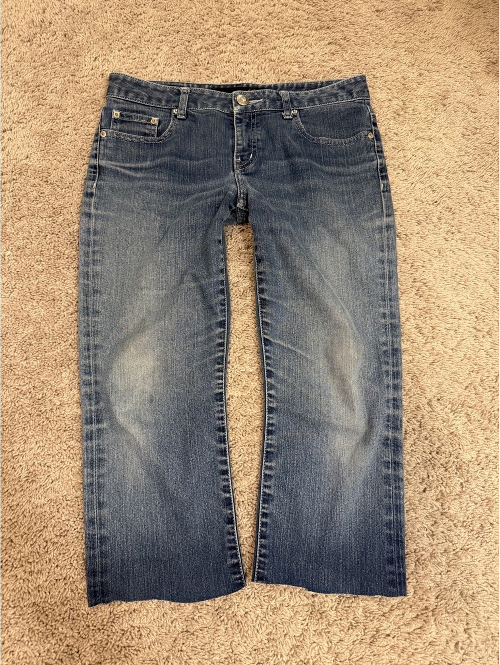 Jambangee Y2K Low Rise Flare Jeans Embroidered Pocket Medium Wash Raw Hem